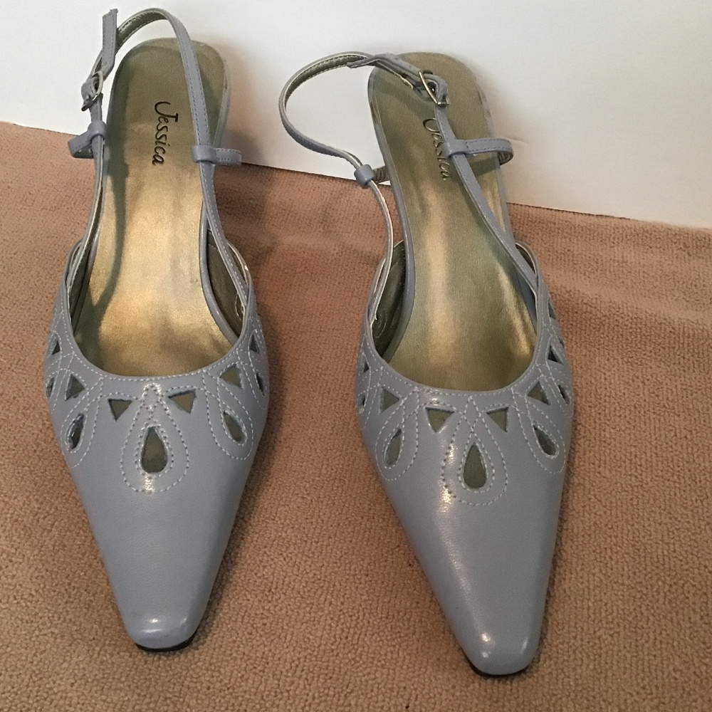 Jessica pale blue with cut outs & white stitching strap back heels - 8 1/2 M